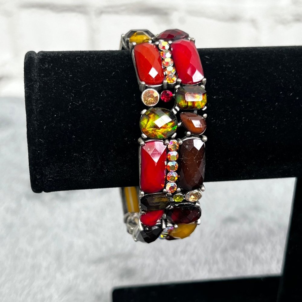 Beaded Stretch Bracelet Multi Color Gems Rhinestones Silver Tone Red Yellow